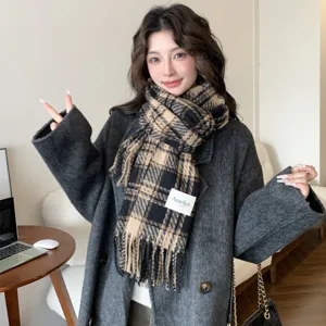 Women Men Winter Warm Scarf Classic Plaid Tassel Long Shawl Soft Casual Polyester Thickened Neck Scarf