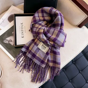 Cozy retro purple plaid tassel scarf for women, thick warm winter shawl and fashion winter accessory.