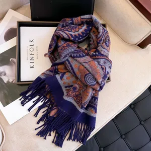 Winter women's cozy thick paisley jacquard scarf elegant tassel design warm winter shawl.