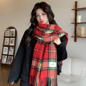 Korean style thick warm red plaid scarf with tassels for women winter cozy daily wear