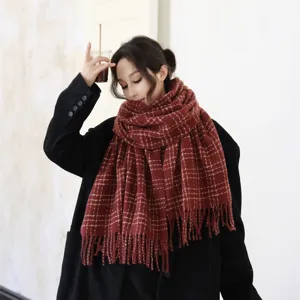 Women's winter thick warm plaid scarf with tassel, cozy casual autumn neckerchief fashion accessory.
