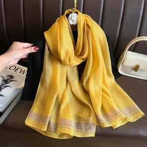Women's yellow long gauze scarf autumn winter fashion imitation silk shawl with elegant stripes.