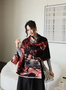 Detailed view of the winter jacquard floral shawl, stylish draped design for cozy daily wear.