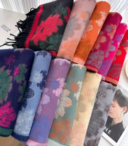 Women floral jacquard core-spun yarn scarf autumn winter warm thick tassel shawl wrap