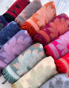 Floral jacquard winter scarf with long tassels, thick warm double-sided cozy shawl.