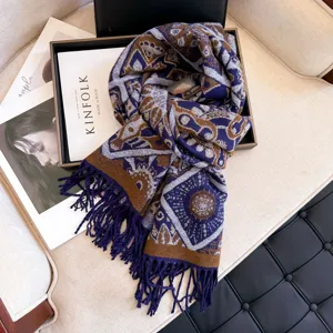 Chic geometric print winter scarf with classic fringe design, warm and stylish shawl for women.