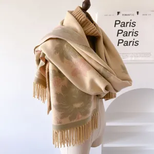 Women winter warm floral jacquard shawl core-spun yarn fringe thick stylish cozy fashion scarf
