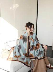 Women's winter warm reversible jacquard lotus print shawl scarf, stylish outer wear.