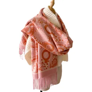Pink orange paisley jacquard scarf winter warm tassel shawl soft cozy fashion neck wrap