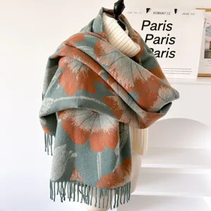 Autumn Winter Ethnic Style Botanical Floral Core-Spun Yarn Tassel Fashion Women Imitation Cashmere Warm Scarf Shawl