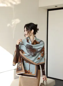Detailed shot of winter women blue floral jacquard shawl scarf, cozy elegant daily winter wear.