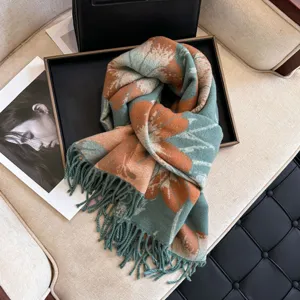 Autumn winter floral patterned tassel cashmere feel warm scarf detail view and styling.