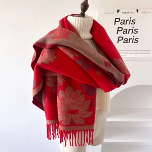Women Winter Warm Core-Spun Yarn Scarf Double-Sided Jacquard Long Tassel Shawl Thickened Versatile Neck Warmer
