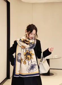 Winter thickened jacquard patterned scarf detail view, stylish cozy women warm shawl outfit.