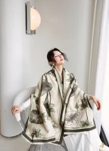 Women winter reversible jacquard shawl thick warm lotus print scarf elegant cozy outerwear