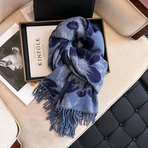 Women winter cashmere feel cozy tassel scarf elegant blue floral pattern shawl wrap