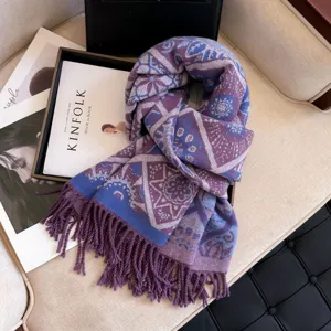 Cozy autumn winter purple fringe scarf thick warm geometric pattern stylish womens shawl wrap