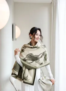 Close-up detail of the women winter warm jacquard shawl scarf with elegant lotus flower pattern.