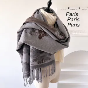 Fashion floral core-spun yarn women scarf autumn winter warm jacquard tassel shawl