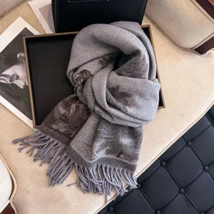 Women's winter warm jacquard scarf, stylish grey core-spun yarn shawl with floral pattern.