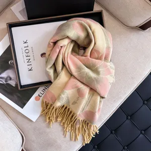 Cozy floral imitation cashmere tassel scarf detail view for stylish winter daily wear.