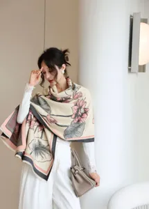 Detailed shot of a beige floral print winter shawl scarf, elegant design for daily wear.