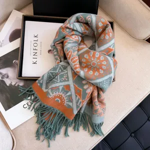 Fall Winter Thick Warm Scarf Retro Geometric Pattern Fringe Shawl Cozy Women Winter Neck Wear
