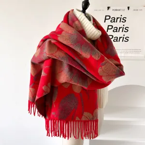 Red floral imitation cashmere winter warm tassel shawl scarf for women fashion fringe wrap