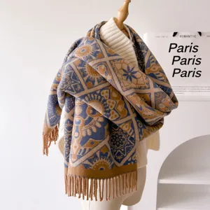Winter Warm Thickened Jacquard Scarf Women Vintage Geometric Floral Tassel Shawl Soft Cozy Long Neck Warmer Winter Accessory