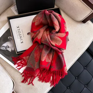Red botanical leaf print imitation cashmere fringe scarf for women autumn winter warm