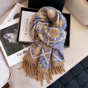 Luxury winter warm knitted scarf with retro geometric pattern and elegant fringe for women
