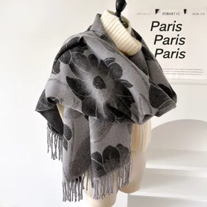 Winter women's grey cashmere-feel shawl scarf with black floral print and stylish fringe.
