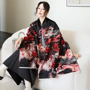 Cozy winter thick women warm shawl, elegant black red floral jacquard wrap scarf.