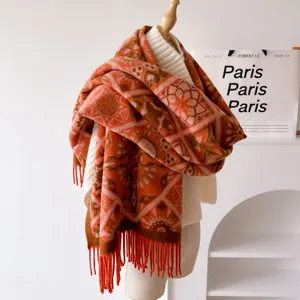 Autumn winter thick warm vintage geometric pattern tassel scarf shawl for women stylish elegant.