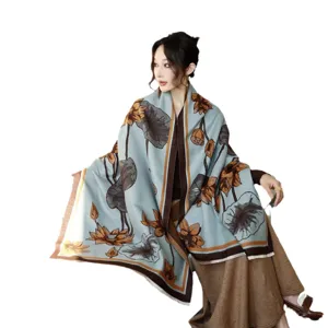 Winter women jacquard warm scarf shawl elegant floral printed thick cozy outerwear styling