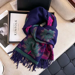 Women winter floral jacquard core spun yarn scarf detailed close up cozy warm tassel shawl fringe