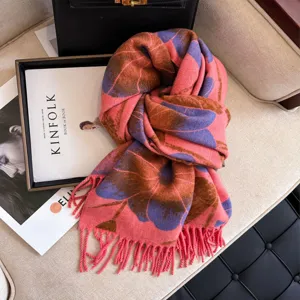 Autumn winter women imitation cashmere warm scarf floral fringe shawl chic neckerchief design.