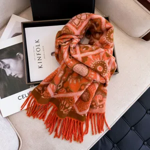 Chic orange geometric winter scarf for women, cozy warm cashmere-feel shawl daily wear.