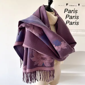 Women winter warm jacquard scarf thick floral fringe shawl elegant purple double sided neck wrap