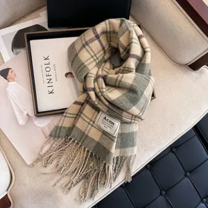Cozy plaid fringe scarf for women, winter warm chic multicolored plaid winter shawl.