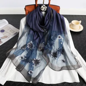 Exquisite gradient blue silk wool embroidered scarf detail, elegant floral embroidery craftsmanship.