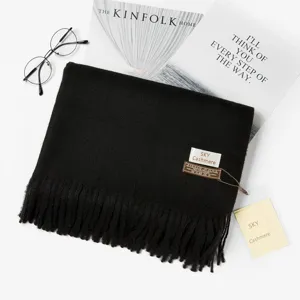 Winter einfarbig dick warm Kaschmir Schal Tuch mit Fransen Design schwarz weich kuschelig