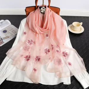 Elegant pink silk wool embroidered scarf for women, beautiful floral print long shawl wrap.