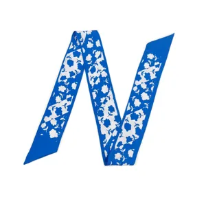 Pañuelo twilly floral azul, elegante cinta de pelo estrecha y bufanda de seda elegante para mujer.