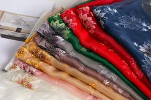 Close-up detail of luxury silk wool embroidered shawl stack, showing intricate floral beading.