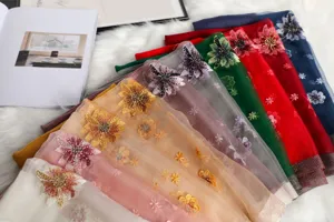 Detailed view of luxury silk wool embroidered scarves with exquisite floral beaded shawls.