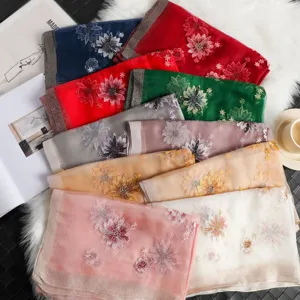 Elegant embroidered silk wool scarf luxury floral shawl women fashion winter accessory