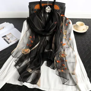 Elegant black silk wool embroidered scarf detail showcase, versatile floral design for women.