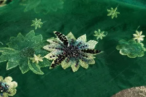 Close up detail of green silk wool embroidered scarf featuring exquisite floral beads pattern.