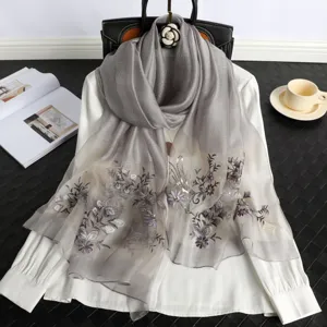 Elegant gradient grey silk embroidered scarf with floral pattern and sequins for women.